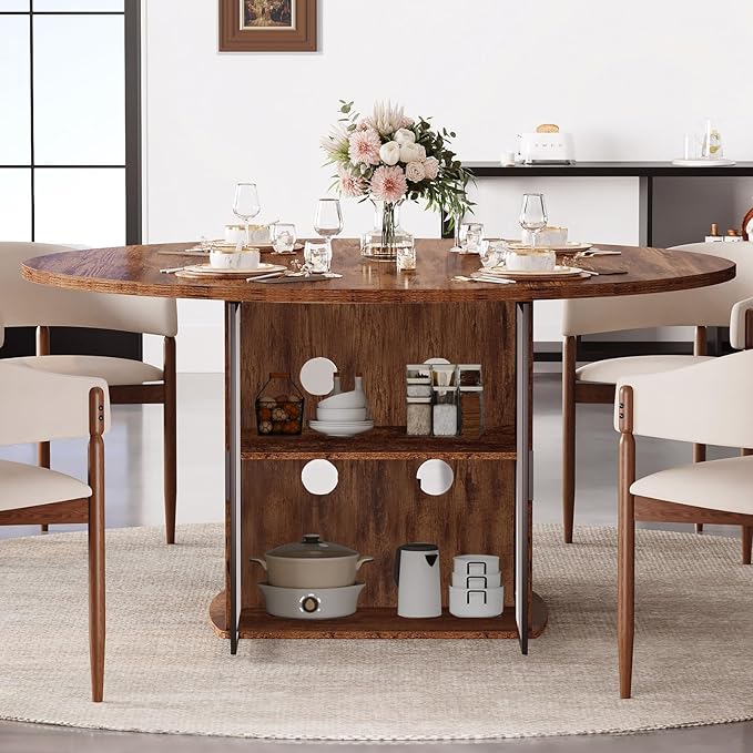 IBF Round Dining Table with Storage, Wood Kitchen Table with Fridge Space, Rustic Circle Dining Room Tables for 4-6, Farmhouse Circular Dinner Tables for Home, Rustic Brown, 47 Inch, Only Table