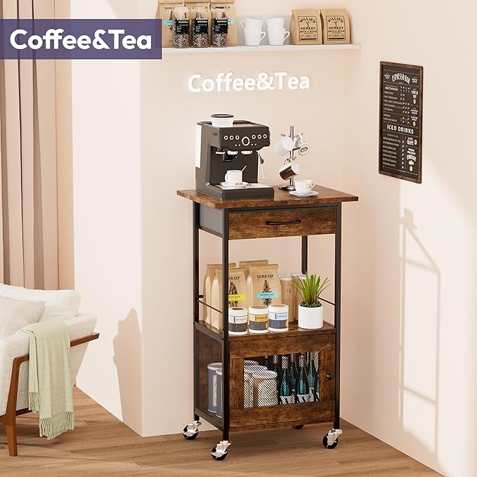 SWTYMIKI Buffets Coffee Bar Cabinet - Rolling Kitchen Rack, Farmhouse Small Coffee Stand with Storage Drawer and Door Cabinet - Kitchen Microwave Stand for Apartment, Living Room, Entryway, Espresso
