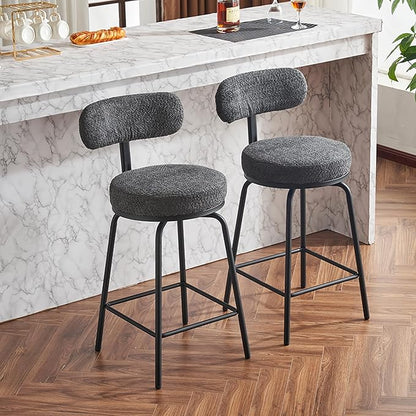 Swivel Bar Stools Set of 2, Upholstered Counter Height Bar Chairs with Metal Legs Footrest, 360° Swivel Bar stools for Kitchen Island, Dining Room, Dark Grey