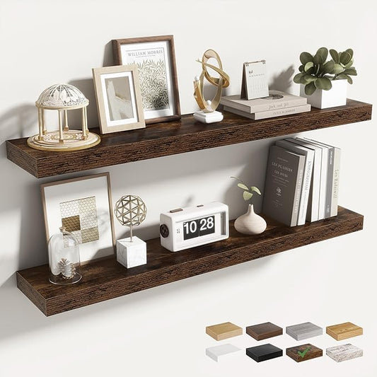 Acovy 36 Inch Floating Shelves for Wall 2 Pack, 36" Wall Shelves for Books, Storage, Decor, Wall Mounted Floating Shelf with Invisible Brackets for Kitchen, Living Room, Brown
