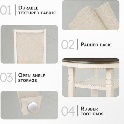 Lexicon Braun 5 Piece Dining Table Set, Dining Room Set for 4, Including 1 Round Kitchen Table with Storage Shelf and 4 Beige Fabric Upholstered Chairs, Antique White/Brown