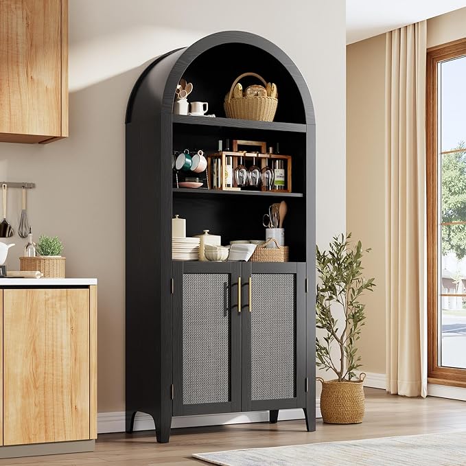 Garvee Arched Kitchen Pantry Storage Cabinet - 5-Tier Open Display Shelf with Rattan Decor, Farmhouse Storage Cabinet for Kitchen, Dining Room, Living Room, Black