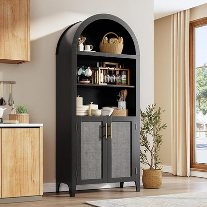 Garvee Arched Kitchen Pantry Storage Cabinet - 5-Tier Open Display Shelf with Rattan Decor, Farmhouse Storage Cabinet for Kitchen, Dining Room, Living Room, Black