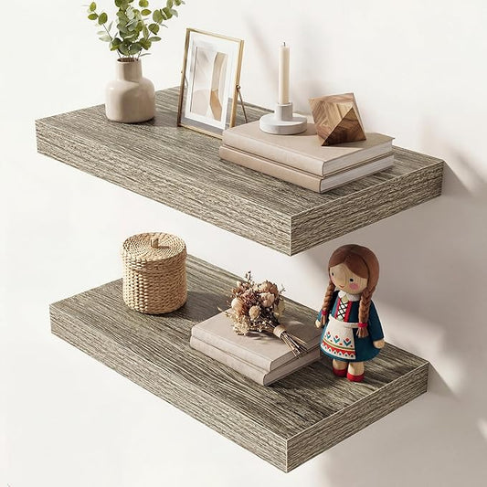 Dreamland 16 Inches Floating Shelves for Wall, 9.3" Deep Long Floating Shelves Set of 2, Large Display & Storage Shelf, Wall Shelf for Bathroom Bedroom Living Room Kitchen Office, Grey