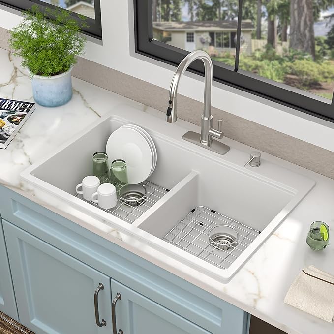 33 Granite Composite Kitchen Sink Double Bowl - Fulorni 33"x22" Granite Kitchen Sink White Ledge Workstation Drop in Topmount Double Bowl 50/50 Quartz Classic Above Counter Basin