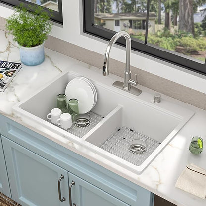 33 Granite Composite Kitchen Sink Double Bowl - Fulorni 33"x22" Granite Kitchen Sink White Ledge Workstation Drop in Topmount Double Bowl 50/50 Quartz Classic Above Counter Basin