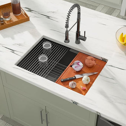 Dcolora 27" Gunmetal Black Stainless Steel Undermount Kitchen Sink Workstation - 16 Gauge Single Bowl Basin (27"x19"x10"), DC-U7707