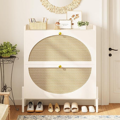 IRONCK Shoe Cabinet Storage with 2 Flip Drawers, Free Standing Wooden Shoe Storage Organizer Cabinet with Rattan Doors for Entryway, Narrow Shoe Rack Cabinet, White