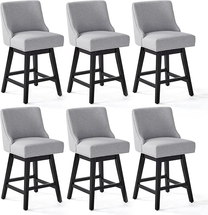 Counter Height Swivel Bar Stools Set of 6, Modern Linen Fabric Swivel Barstools with Back and Wood Legs, Upholstered 26" Seat Height Counter Stools for Kitchen Island, Home Bar, Grey