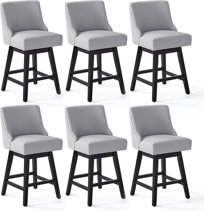 Counter Height Swivel Bar Stools Set of 6, Modern Linen Fabric Swivel Barstools with Back and Wood Legs, Upholstered 26" Seat Height Counter Stools for Kitchen Island, Home Bar, Grey