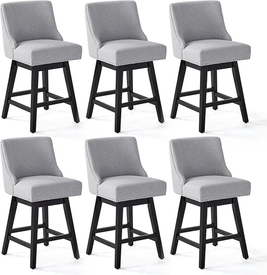 Counter Height Swivel Bar Stools Set of 6, Modern Linen Fabric Swivel Barstools with Back and Wood Legs, Upholstered 26" Seat Height Counter Stools for Kitchen Island, Home Bar, Grey