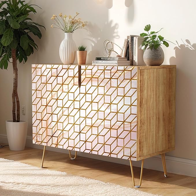 SIGNWIN Sideboard Buffet Cabinet, Kitchen Storage Cabinet with 2 Doors, 3D Square Optical Illusion Patterns, Cupboard Console Table for Dining Room - 35" L x 18" W x 29" H