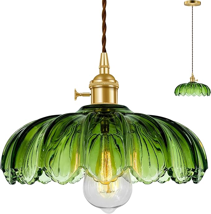 Pendant Light Fixture, Hanging Light Fixture, Glass Shade Pendant Light with Rotary Switch, Modern Lamp for Kitchen Island, Bedroom, Dining Room, Living Room (Green Lotus, Hard-Wired)