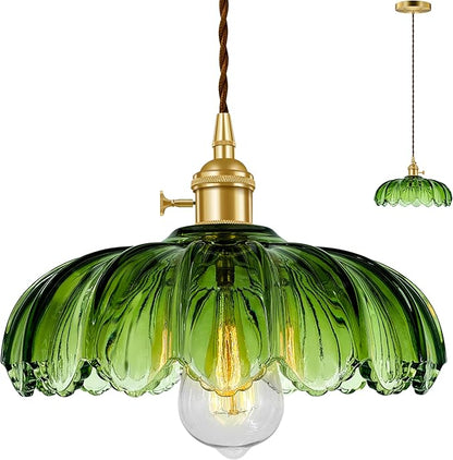 Pendant Light Fixture, Hanging Light Fixture, Glass Shade Pendant Light with Rotary Switch, Modern Lamp for Kitchen Island, Bedroom, Dining Room, Living Room (Green Lotus, Hard-Wired)