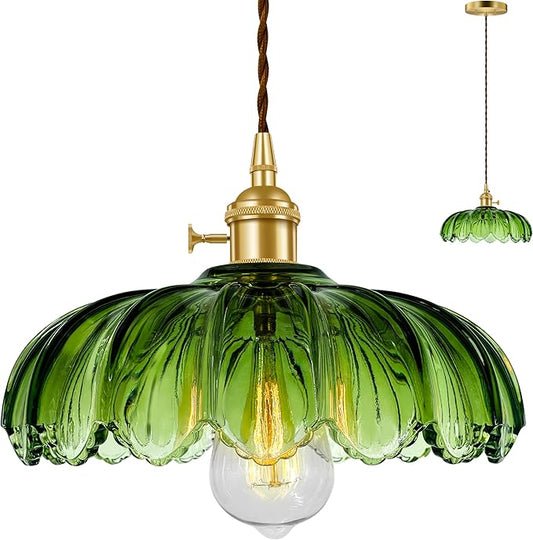 Pendant Light Fixture, Hanging Light Fixture, Glass Shade Pendant Light with Rotary Switch, Modern Lamp for Kitchen Island, Bedroom, Dining Room, Living Room (Green Lotus, Hard-Wired)