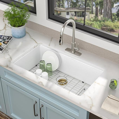 33"x19" Granite Composite Kitchen Sink - White Undermount Ledge Workstation Quartz Classic Luxury Under Counter Single Bowl Sink Basin