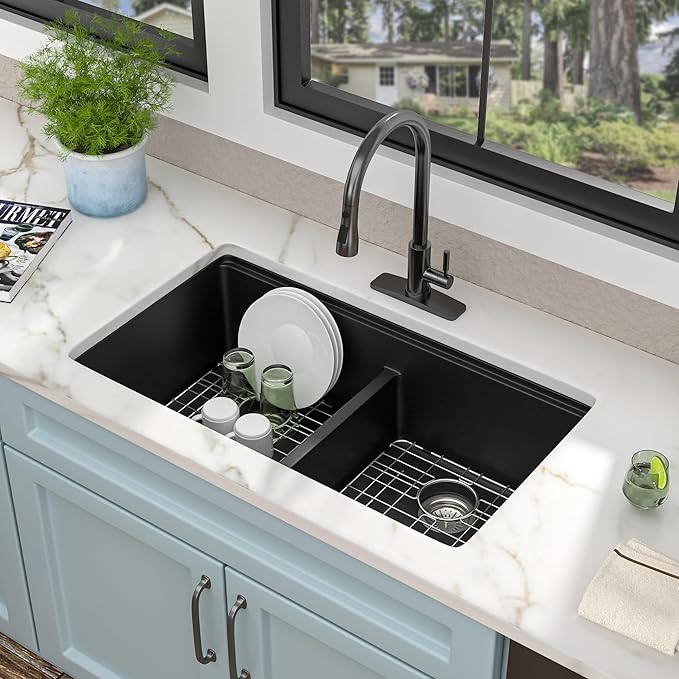 33 Granite Composite Kitchen Sink Double Bowl - Fulorni 33"x19" Granite Kitchen Sink Ledge Workstation Undermount Double Bowl 50/50 Matte Black Quartz Classic Under Counter Basin
