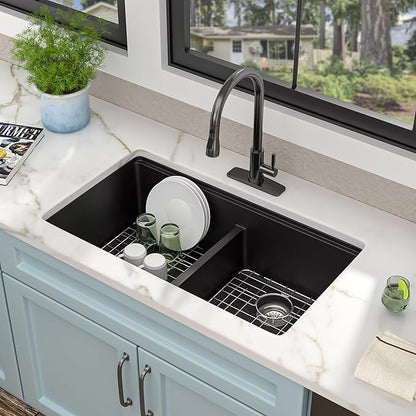 33 Granite Composite Kitchen Sink Double Bowl - Fulorni 33"x19" Granite Kitchen Sink Ledge Workstation Undermount Double Bowl 50/50 Matte Black Quartz Classic Under Counter Basin