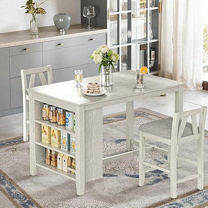VECELO Solid Wood Dining Table Set with 2 Stools, 47'' Dining Table for 2 with Spacious Tabletop and Side Storage Shelves, for Kitchen Dining Room, Grey