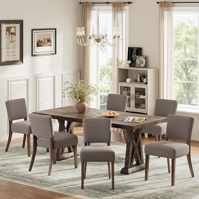 MALOL Upholstered Dining Chairs Set of 6, Fabric Kitchen Chairs with Padded Seat & Back, Solid Wood Legs, Modern Simple Dining Room Chairs for Kitchen, Dining Room, Living Room, Brown