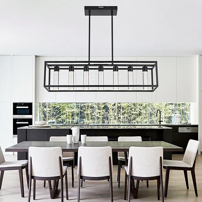 MELUCEE 7 Lights Modern Kitchen Island Lights 35W Dining Table Light Fixture with Crystal Bubble 5 Color Black Pendant Lights Kitchen Island, Integrated LED Chandelier for Dining Room Billiard Room