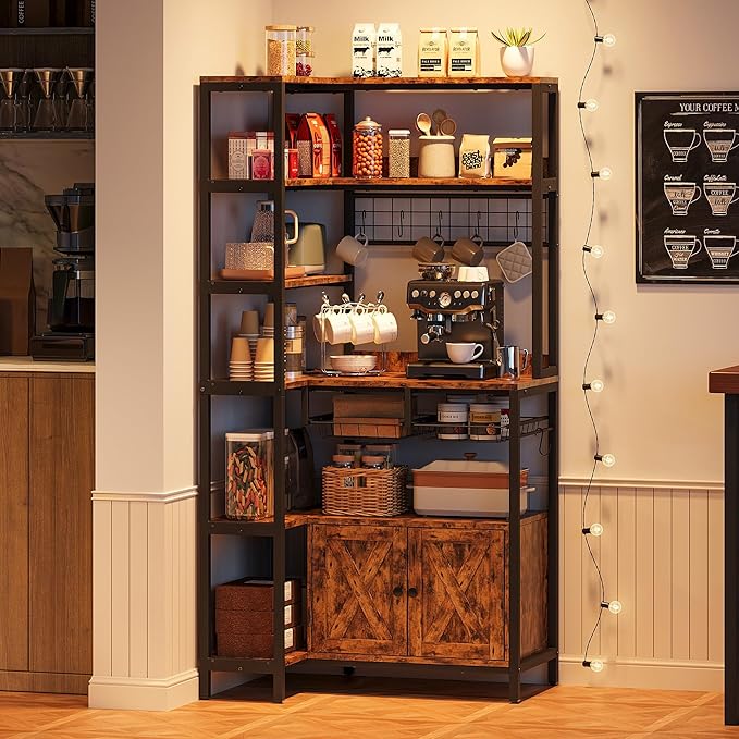 IRONCK Corner Bakers Rack with Power Outlet, Coffee Bar 6 Tier with Storage Cabinet, Vintage Industrial Microwave Stand with 6 Hooks, Kitchen Shelves with Wire Basket, Rustic Brown