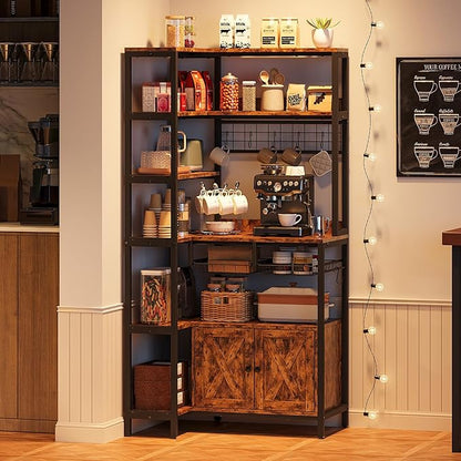 IRONCK Corner Bakers Rack with Power Outlet, Coffee Bar 6 Tier with Storage Cabinet, Vintage Industrial Microwave Stand with 6 Hooks, Kitchen Shelves with Wire Basket, Rustic Brown