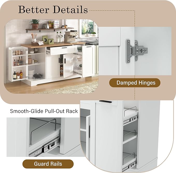 Sideboard Buffet Cabinet with 3-Tier Pull-Out Rack, Multi-Functional Kitchen Island with Adjustable Shelves and Drawers, Wood Buffet Table for Kitchen, Dining Room, Living Room, White