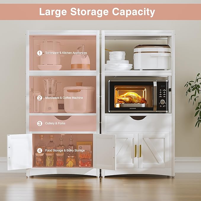 VECELO Kitchen Pantry Cabinet with Charging Station, Freestanding 2-Tier Storage Cupboard, Extra Tall & Wide Microwave Shelf, Farmhouse Style with Drawer, White