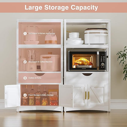 VECELO 2-Tier Microwave Stand with Power Outlet & USB Ports, 15.5" Deep Kitchen Pantry Cabinet, Fits 1.0 Cu.Ft Microwave, Modern Farmhouse Coffee Bar Storage with Drawer & Barn Door for Kitchen, White