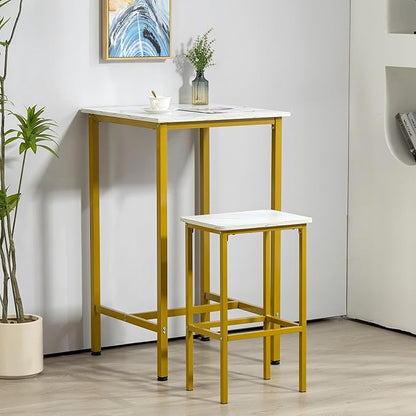 Finnhomy Bar Table, 23.6" Pub High Top, Square Bar Height, Counter Height Cocktail, Small Kitchen Set for 2, Breakfast for Kitchen, Living Room, White Marble and Gold