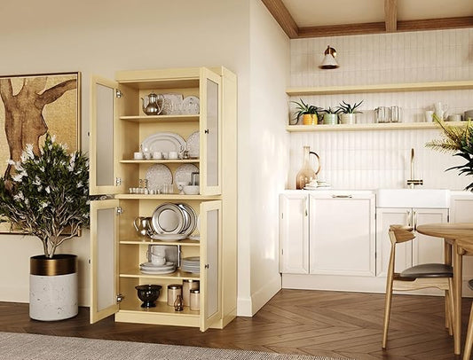Palace Imports 100% Solid Wood Kitchen Pantry w/ 4 Frosted Glass Doors, Yellow, 32" w x 71.5" h, Renewable Eco-Friendly Wood, Made in Brazil