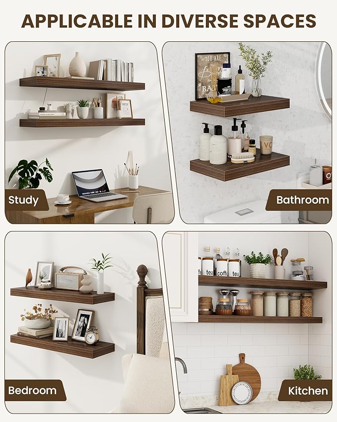 Marsmiles 30" Floating Shelves for Wall, Wooden Shelves with Invisible Brackets Set of 2, Rustic Farmhouse Wall Mounted Shelf for Kitchen Bathroom Living Room Study, Walnut
