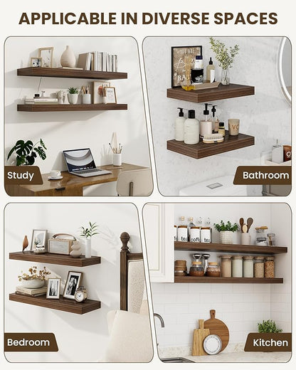 Marsmiles 48" Floating Shelves for Wall, Wooden Shelves with Invisible Brackets Set of 2, Rustic Farmhouse Wall Mounted Shelf for Kitchen Bathroom Living Room Study, Walnut