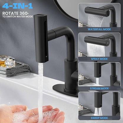 Matte Black Bathroom Sink Faucet with Pull Down Sprayer - 4 Mode Single Handle Vanity Faucet Waterfall Bathroom Faucet with Pull Down Sprayer (No Drain)