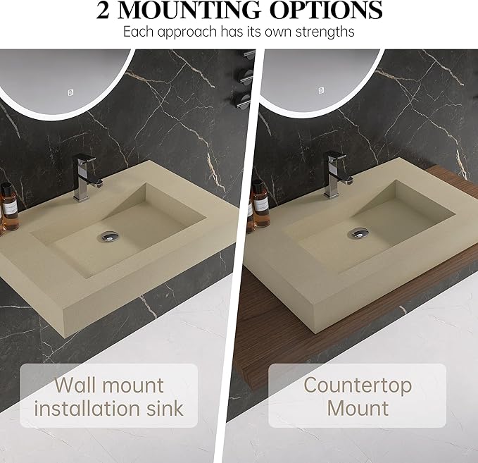 30" x 19" Bathroom Sink with Solid Surface, Wall Mount Bathroom Sink with Single Faucet Hole, Rectangle Stone Resin Vessel Sinks for Indoor Outdoors,Floating Wall Hang Sink Bowl, Beige