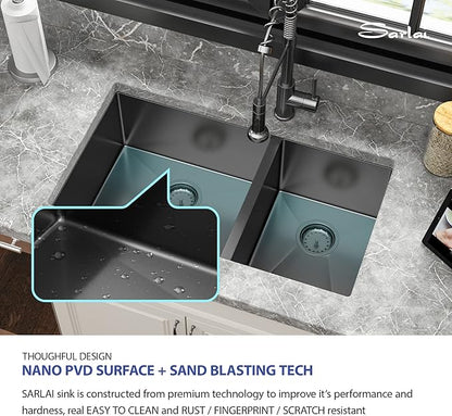 Sarlai 33 Black Kitchen Sink - 33 inch Undermount Kitchen Sink Double Bowl Gunmetal Black 16 Gauge Stainless Steel Double Sinks 60/40 Undermount Basin