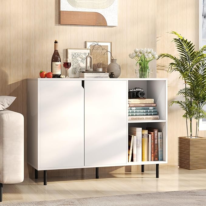 LOKO Kitchen Buffet Cabinet with Storage, Modern Storage Island with Adjustable Shelves, 2 Doors, Sturdy Metal Legs, Coffee Bar Cabinet, Perfect for Living Room, White