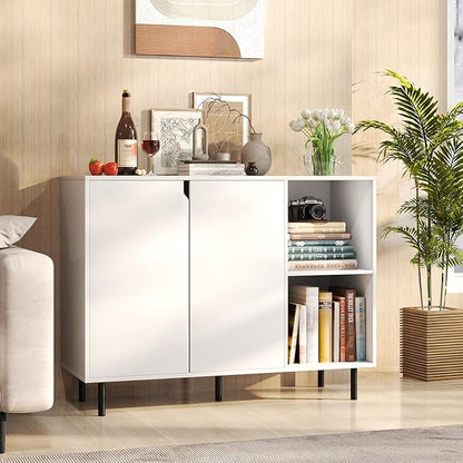 LOKO Kitchen Buffet Cabinet with Storage, Modern Storage Island with Adjustable Shelves, 2 Doors, Sturdy Metal Legs, Coffee Bar Cabinet, Perfect for Living Room, White
