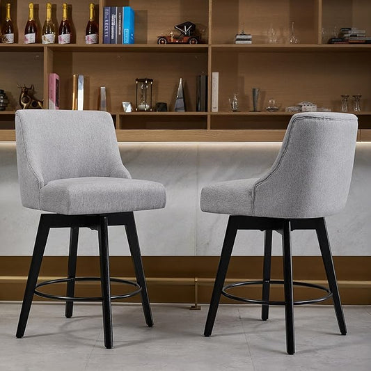 Counter Height Bar Stools Set of 6, Swivel Barstools with Backs and Wood Legs, Linen Fabric Upholstered Counter Stools for Kitchend Island, Mid-Century Modern 26" Seat Height Bar Chairs, Grey