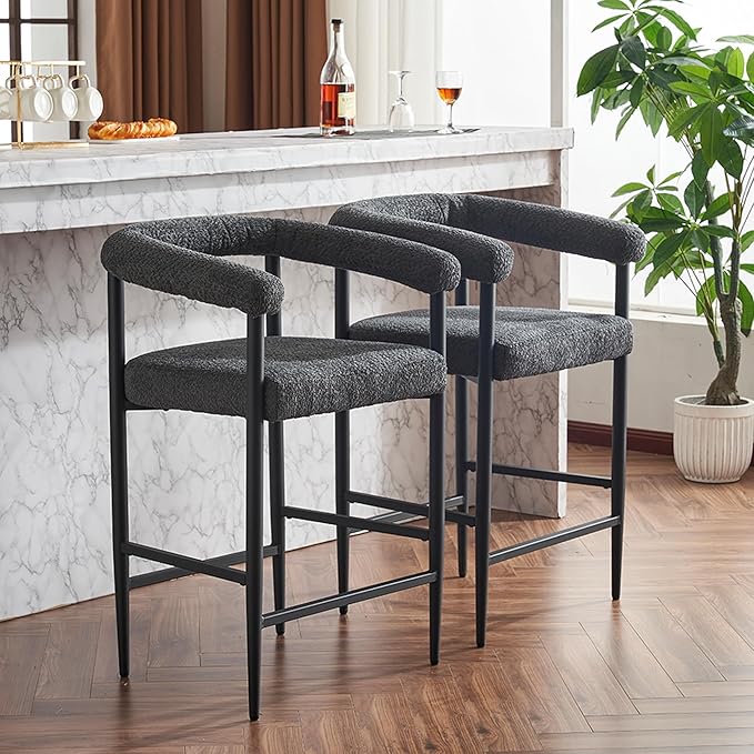 Modern Upholstered Bar Stools Set of 2, Boucle Fabric Counter Height Chairs with Metal e Armrests, Kitchen Island Bar Chairs for Home, Dining Room, Cafe,Dark Grey