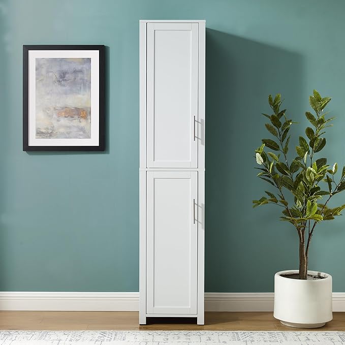 Crosley Furniture Savannah Linen Storage Cabinet, Laundry Room, Bathroom Organizer with Shelves, White