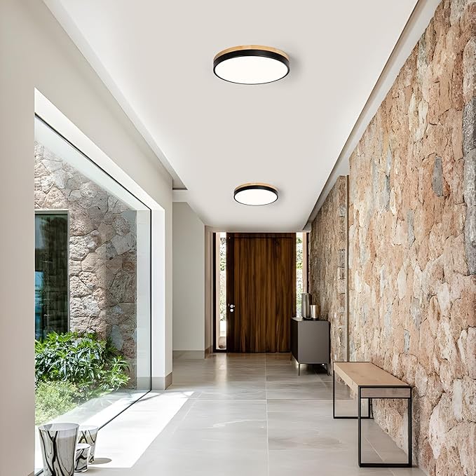 Modern Wood Black Flush Mount Ceiling Light, 11.81" Round LED Low Profile Close to Ceiling Fixture for Kitchen Bedroom Bathroom Laundry Hallway Entryway Closet Living Room