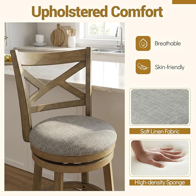 Giantex Wood Swivel Bar Stools Set of 2, 25" Upholstered Counter Height Bar Stools with X Back, Linen Cushioned Seat, Farmhouse Armless Wooden Barstools for Kitchen Island Dining Room, Grey