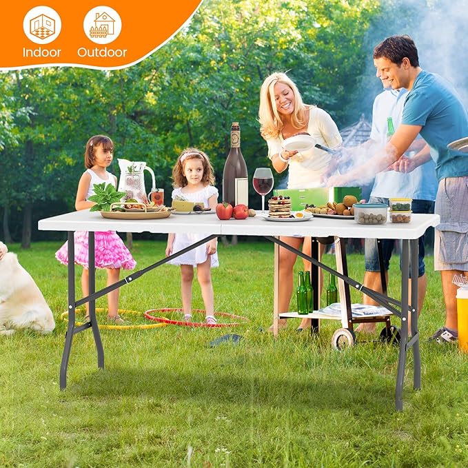 Tangkula 5FT Folding Table, Indoor Outdoor Foldable Plastic Table with HDPE Tabletop, Sturdy Metal Fame, Carrying Handle, 4-6 Person Picnic Table for Camping BBQ Party