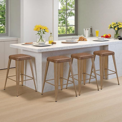 Backless Bar Stools Set of 4, Upholstered Faux Leather Counter Height Stools with Sturdy Metal Legs, 30 Inch Barstools for Kitchen Island (Walnut)