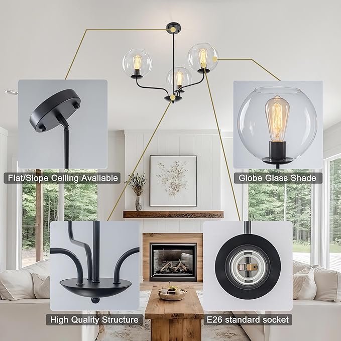 Classic 3-Light Black Chandelier with Upward U-Shaped Arms, Modern Vintage Pendant Lighting with Clear Glass Globes, Ceiling Light Fixture for Dining Room, Living Room, Hallway