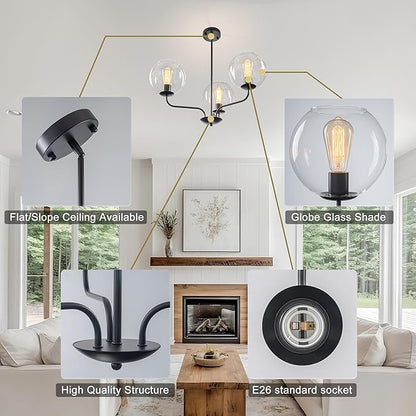 Classic 3-Light Black Chandelier with Upward U-Shaped Arms, Modern Vintage Pendant Lighting with Clear Glass Globes, Ceiling Light Fixture for Dining Room, Living Room, Hallway