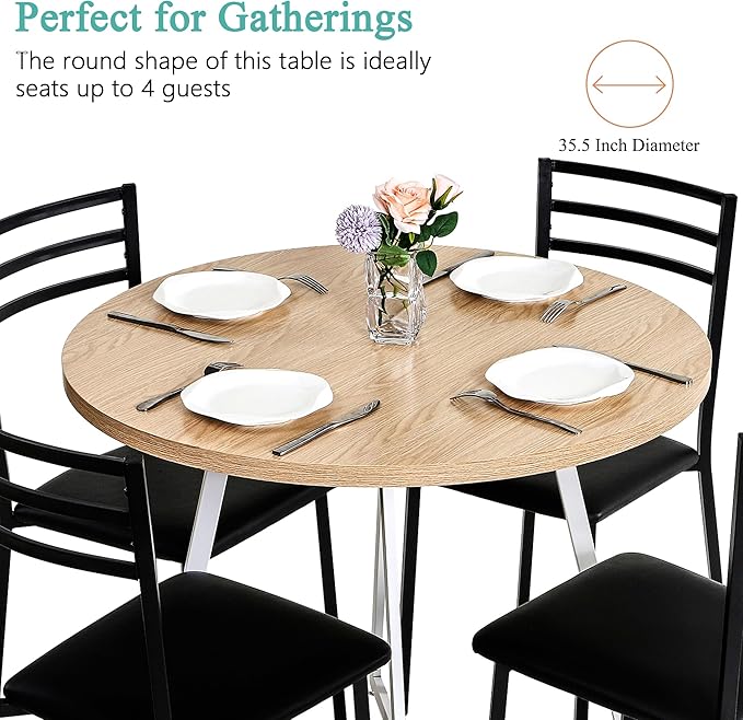 VECELO Round Dining Table Set for 4, Wood Tabletop & Heavy-Duty Steel Frame, 8-Piece Dinette with Chairs for Kitchen, Breakfast Nook, Natural & White