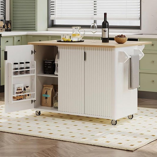 Merax 51" Kitchen Island on Wheels, Rolling Kitchen Island with Drop Leaf, Internal Storage Rack, Towel Rack for Dining Room House Bar, White